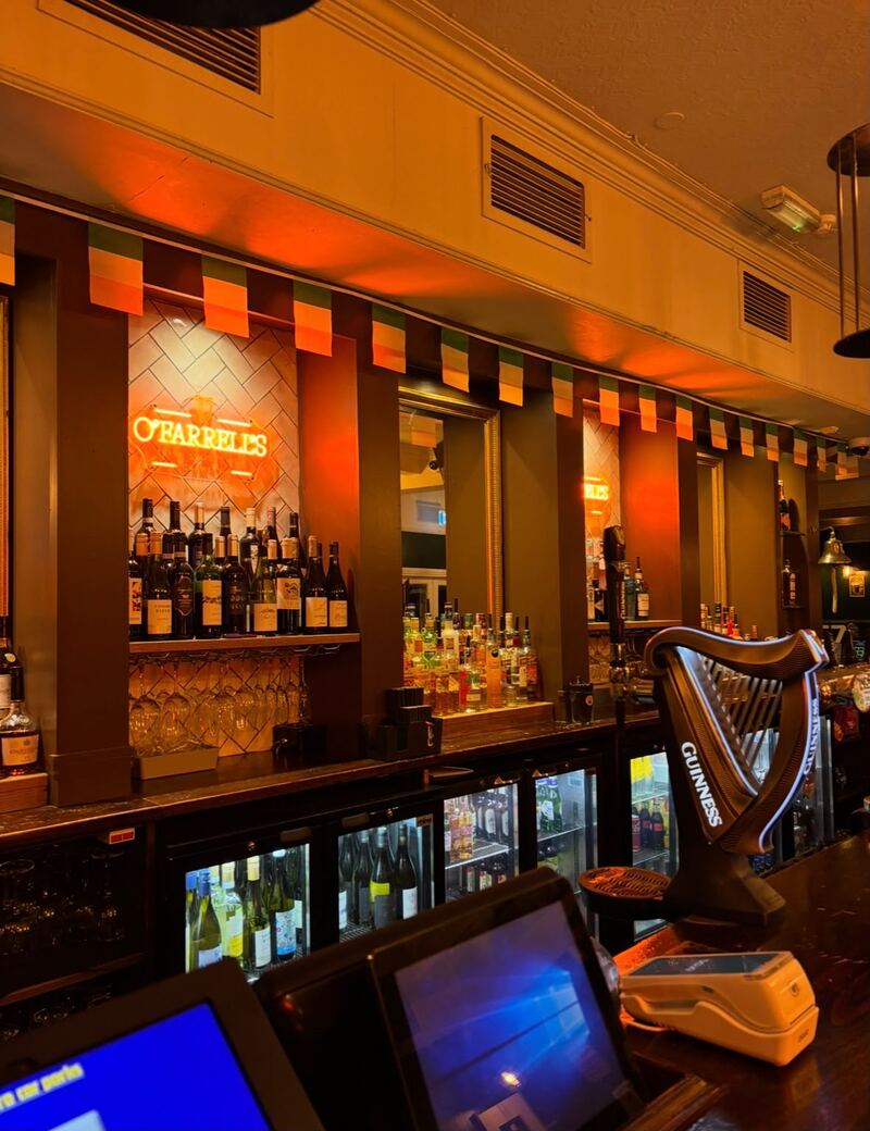 The taps on the bar at O'Farrell's with the Guinness harp font front and centre